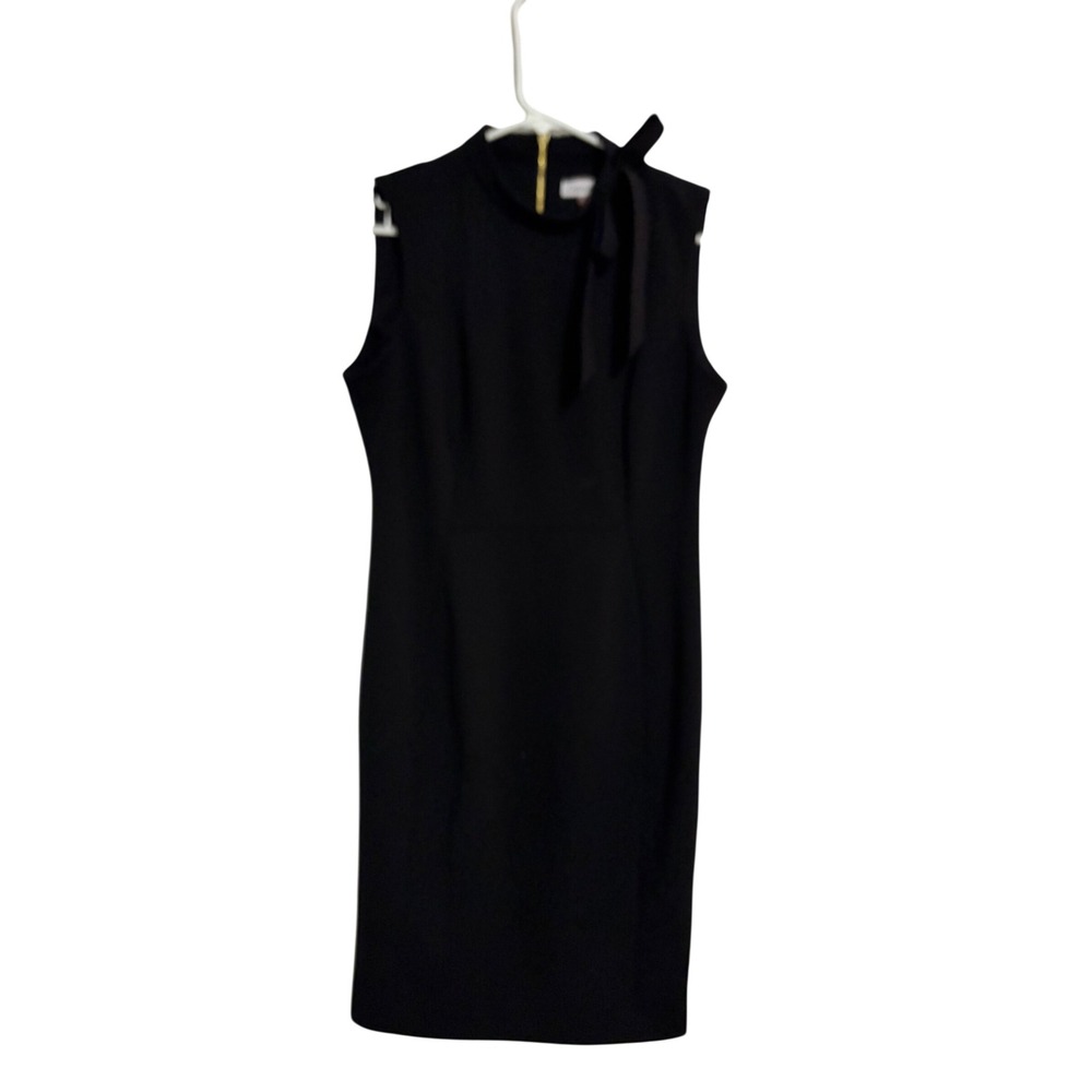 Calvin Klein Sheath Dress Professional Black Bow Mock Neck Gold Zip 6 Chic LBD